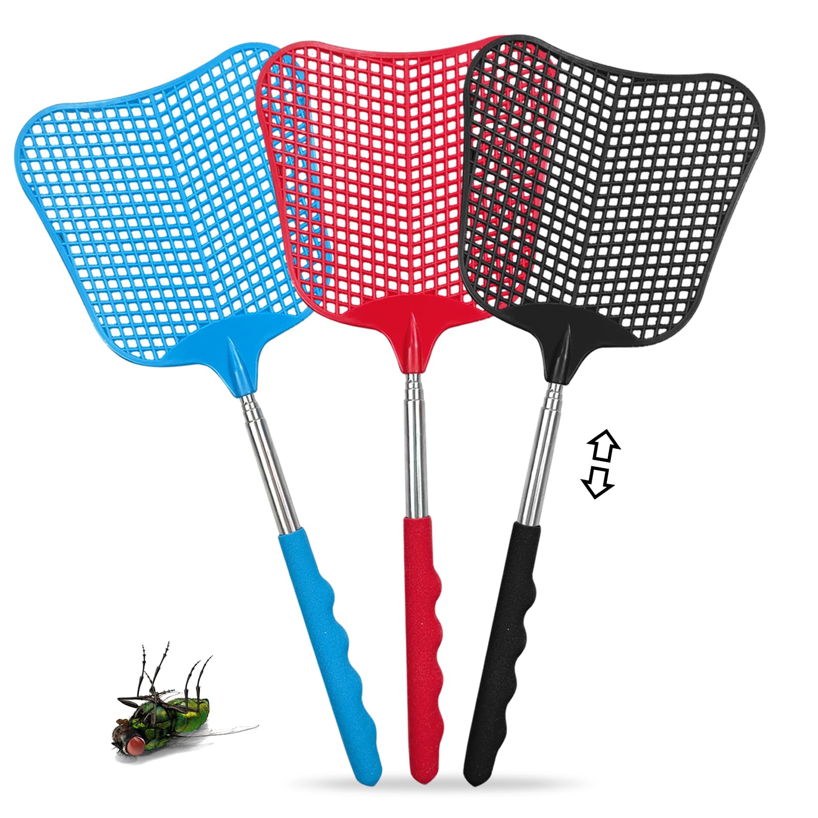 Pack of 3 fly swatters, extendable, stable manual fly swatter, fly swatter for flies, mosquitoes and insects, black, blue, red