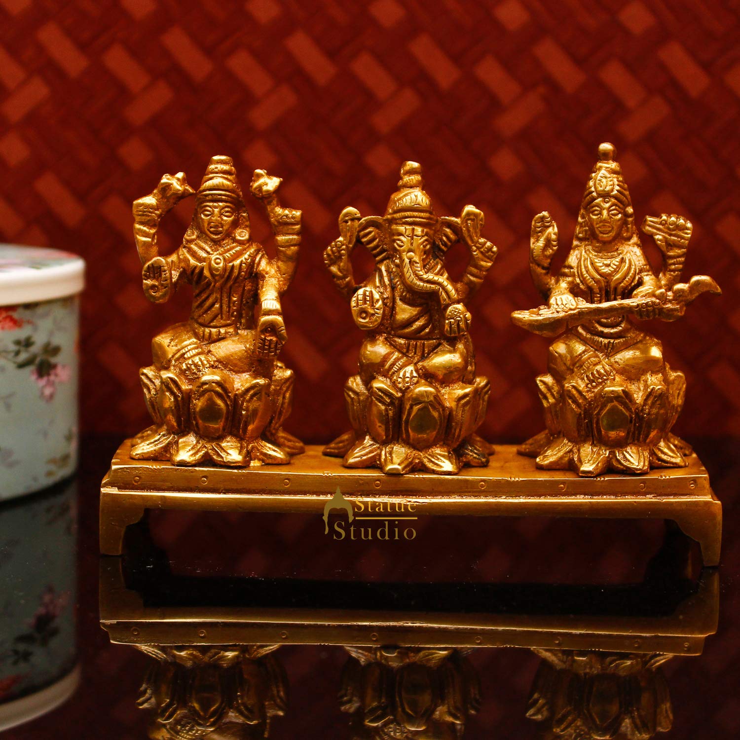 Statuestudio Big Brass Ganesha Lakshmi Saraswati Idols for Home Decor Diwali Pooja Showpiece Glossy 