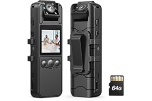 Miktver 64G KT20 Body Camera, 1080P Rotate Lens Camcorder 6 Hrs Video Record, Night Vision, Multi-Functional Body Worn Camera with 1/4 Tripod for Security Guard, Travel, Lecture Record