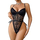 Avidlove Women Teddy Lingerie Deep V Lace Bodysuit Lingerie One Piece Mini Babydoll Satiny Side Bow