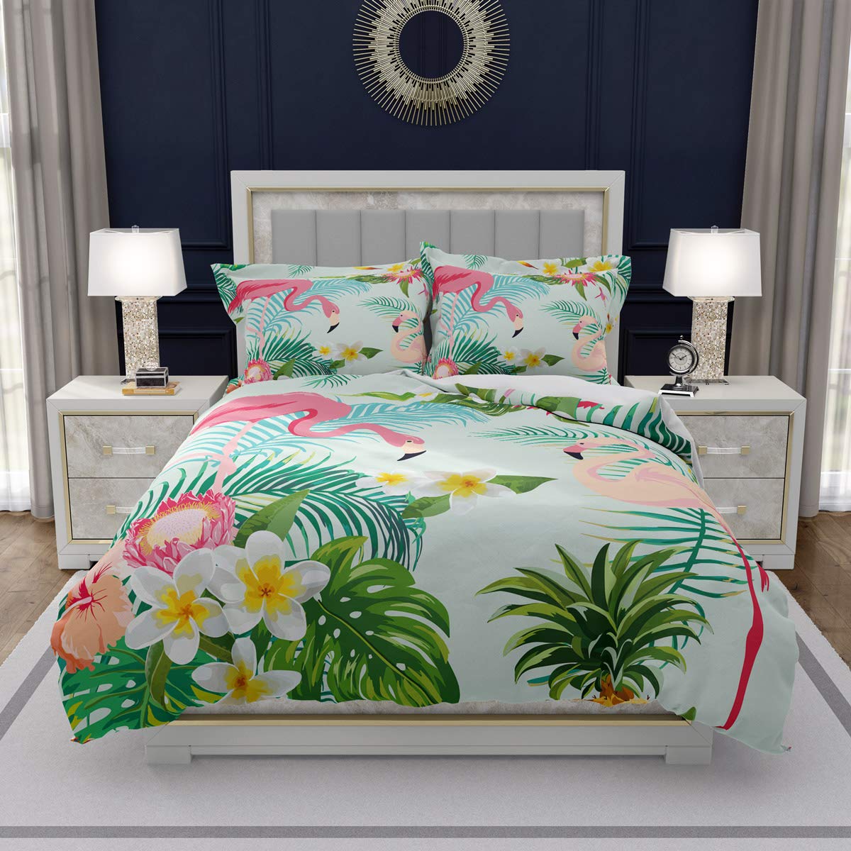 Loussiesd Birds Duvet Cover Set Single for Girls Kids Tropical Flamingo Bedding Set Blossom Flower Comforter Cover with 1 Pillow Shams Zipper Soft Microfiber Green Palm Leaf Bedspread Cover 2 Pcs