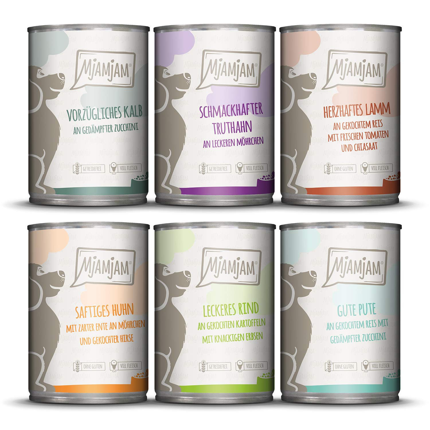 MjAMjAM - premium wet food for dogs - Mixpaket II - with chicken & duck, beef, turkey, veal, turkey, lamb, pack of 6 (6 x 400 g), natural with extra meat