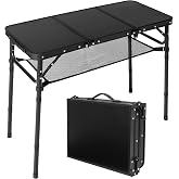 CJPWMT 3ft Folding Camping Table with 3 Adjustable Height Max 27.3 Inch | 35.4"L x 15.7"W Portable Table,Aluminum and MDF,Small Tri-fold Table with Storage Net,Black,for Outdoor Travel Cooking Beach