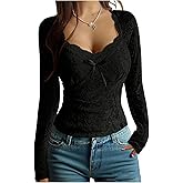 SweatyRocks Women's Sexy Square Neck Sheer Lace Fitted Crop Top Long Sleeve Going Out Slim Fit Cropped Tee Shirts Blouse
