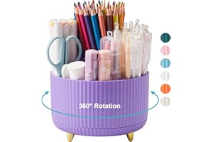 Lolocor Desk Pencil Pen Holder, 5 Slots 360 Degree Rotating Pencil Pen Organizers for Desk Desktop Storage Stationery Supplies Organizer Cute Pen Cup for Office School Home Art Supply Purple