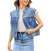 Leovqn Denim Vest Women Cropped Jean Vest Top Button Down Crewneck Casual Summer Sleeveless Jean Waistcoat Jacket