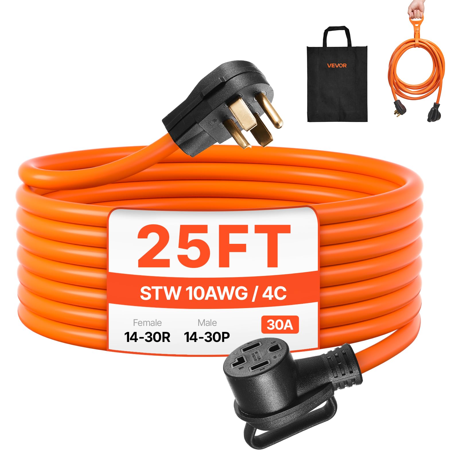 Photo 1 of VEVOR 25 ft Dryer Extension Cord, 4-Prong NEMA 14-30P to 14-30R Dryer Cord, 125V/250V, STW 10AWG/4C, 30A, Pure Copper Wire Cable with Black Non-Woven Bag and PVC Cable Tie, for Outdoor & Indoor Use