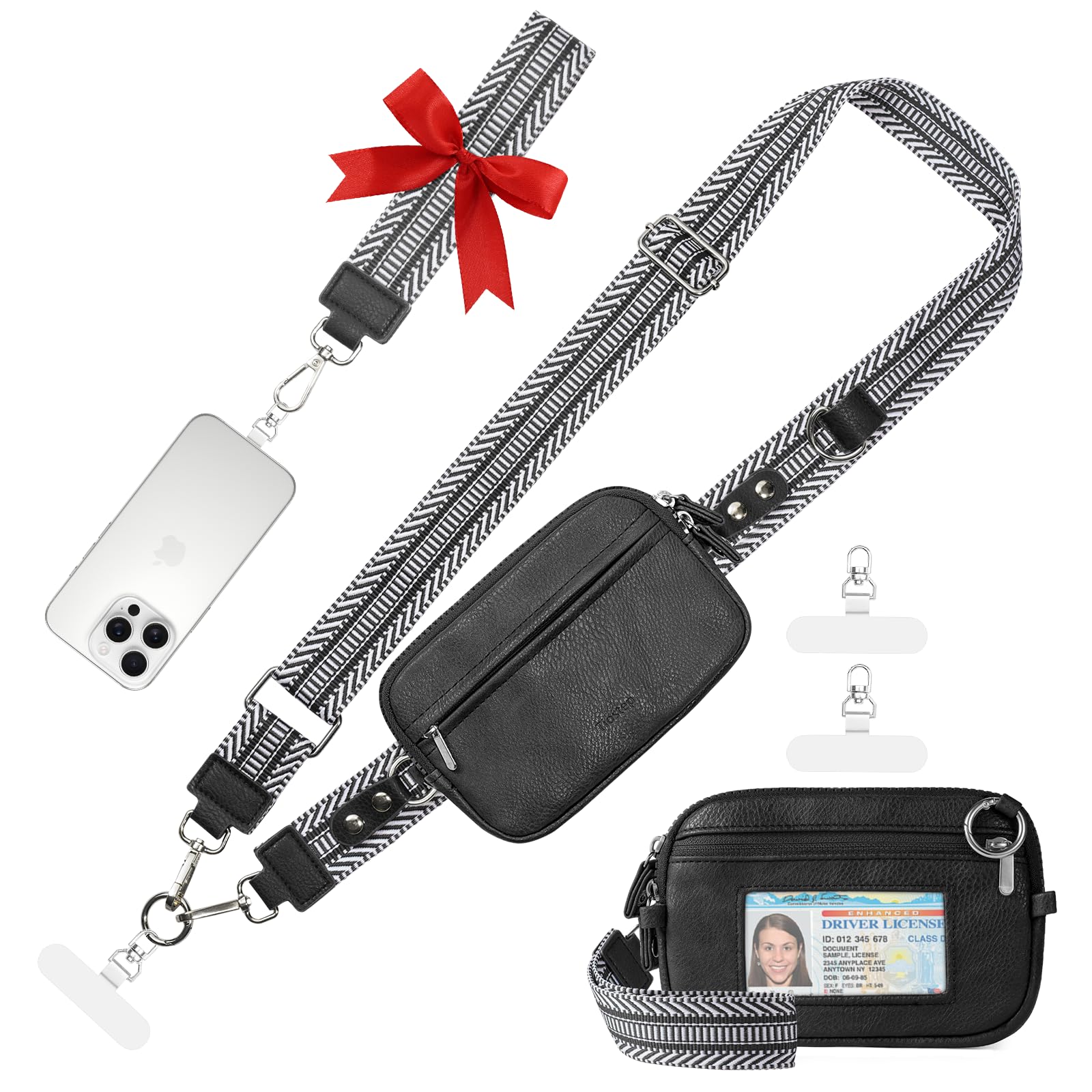 Tiostep Clip and Go Strap for Phone with Wallet Crossbody Phone Lanyard Adjustable and Anti-Theft Leather Purse with RFID Zipper Pouch for Travel Daily Life. Black Medium