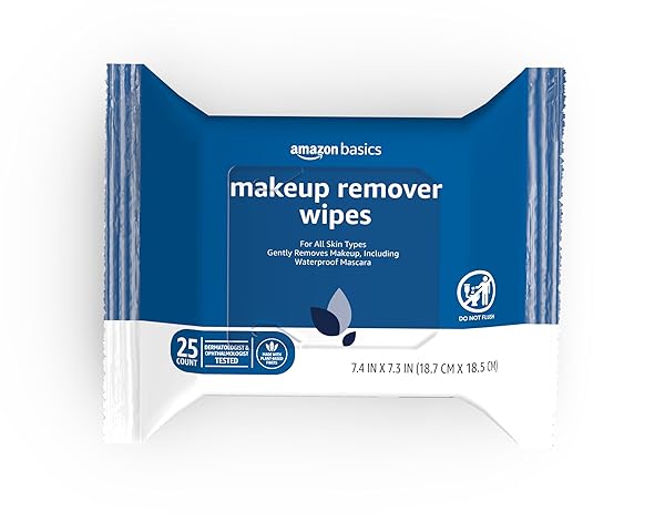 AMAZON BASICS MAKEUP REMOVER WIPES, GENTLE FACIAL CLEANSING, DERMATOLOGIST TESTED, ORIGINAL, PLANT-BASED, ALCOHOL-FREE, REMOVES WATERPROOF MASCARA, 25 COUNT, 1-PACK