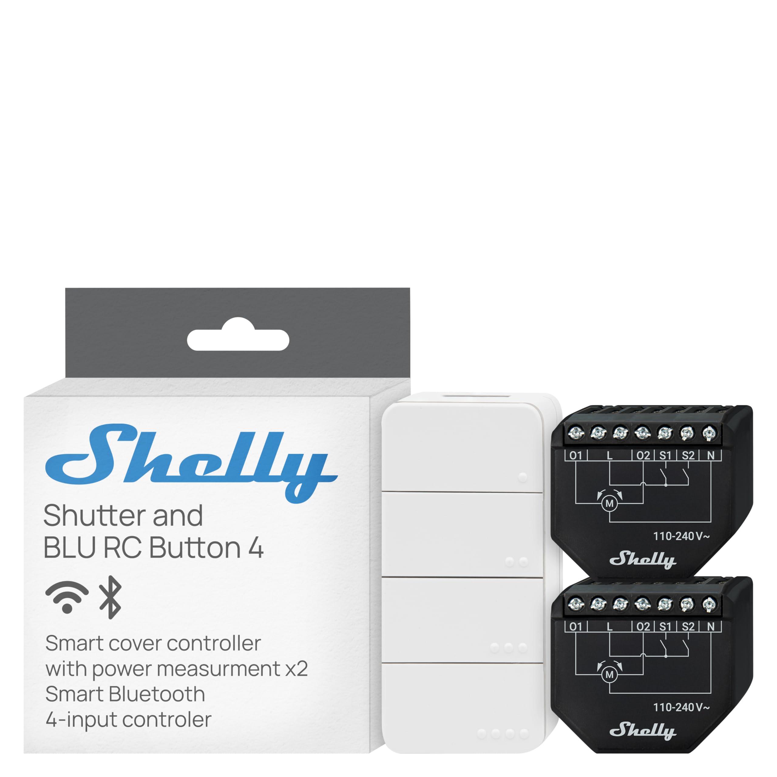 Shelly Shutter (2 Stück) & BLU RC Button 4 (Bundle) - WLAN-betriebener Smart-Relaisschalter, 2 Kanäle, 4A, Leistungsmessung, Rolladenschalter, Hausautomation, Kein Hub Erforderlich, Alexa & Google