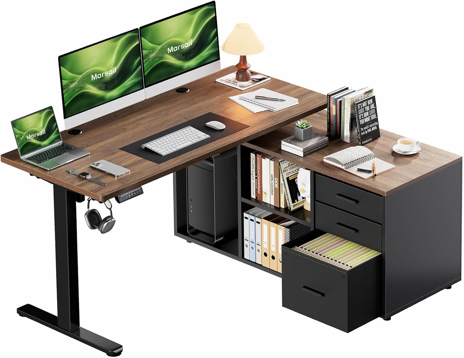 Photo 1 of Marsail L-Shaped Executive Standing Desk with File Cabinet, 55" x 24" Electric Height Adjustable Stand up Desk, One-Whole Piece Desktop, Home Office Modern Computer Desk with 4 Memory Presets