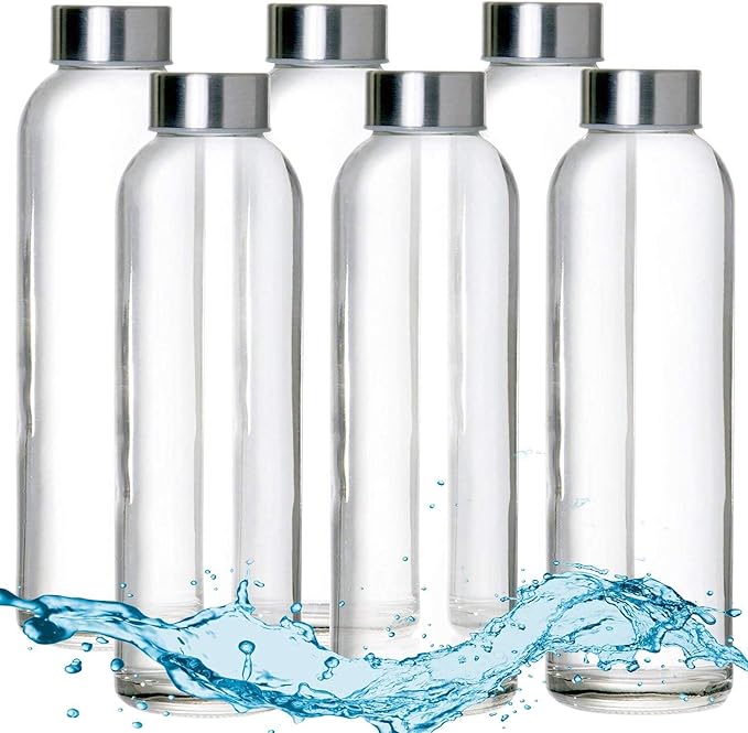 Glass Bottles 6Pack 18oz Juice & Beverage Water Bottle with Leak