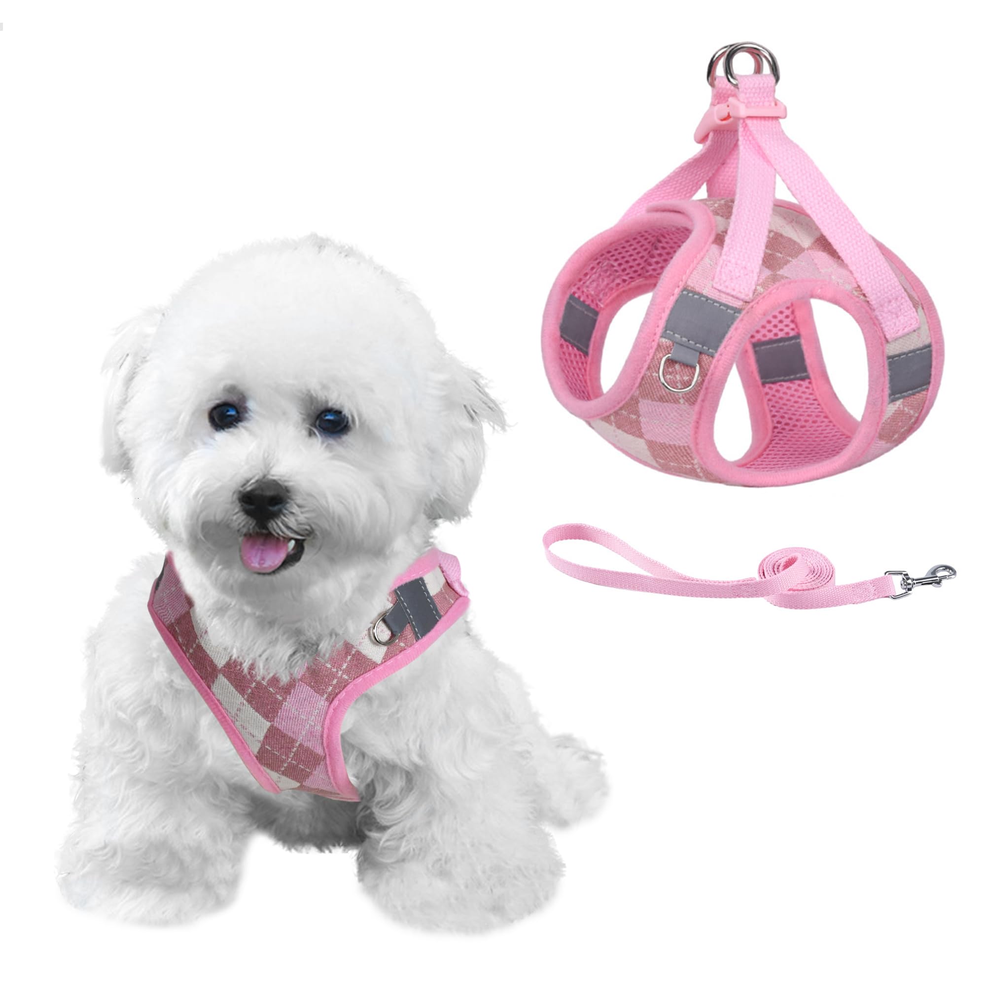 PawSailor Step-in Dog Harness Small Dog No Pull Puppy Harness Adjustable Reflective Plaid Easy Walk Lightweight Soft Mesh Pet Vest Harnesses with Lead for Puppies, Small Dogs, Cats, Pink M