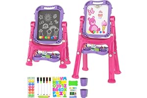 Amagoing Easel for Kids, Adjustable Standing Art Easel for Toddler, Double Side Drawing Board with Painting Accessories, Birthday Christmas Gift Toy for Boys Girls 3 4 5 6 Years Old, Purple