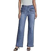 luvamia Wide Leg Jeans Woman High Waisted Trendy Stretchy Denim Work Trouser Jeans with Retro Button Flap Patch Pockets
