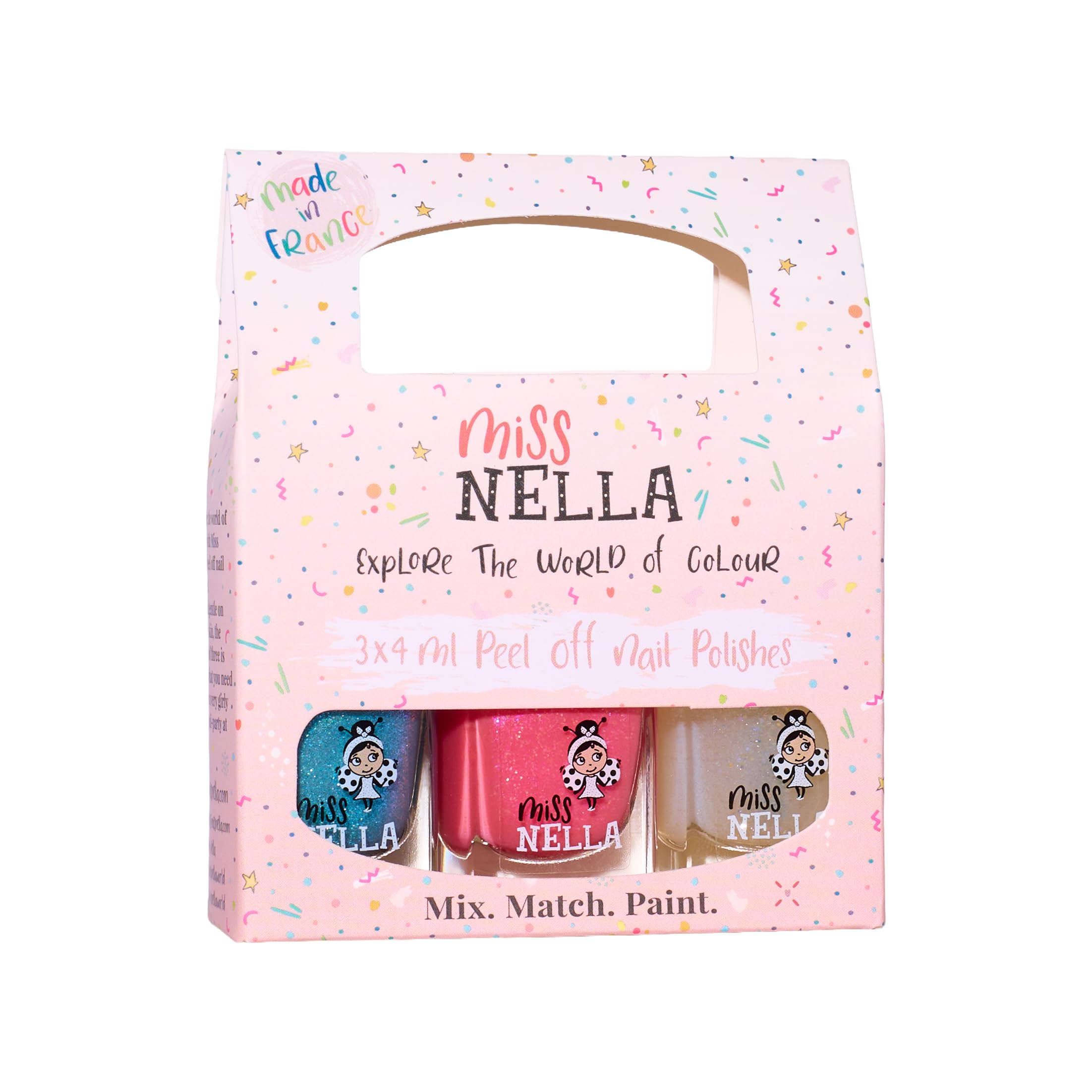Miss Nella PARTY COLLECTION 3-3 Miss Nella's peel off, odour free, water base glitter nail polishes Pack- Blue The Candles, Confetti Clouds & Marshmallow