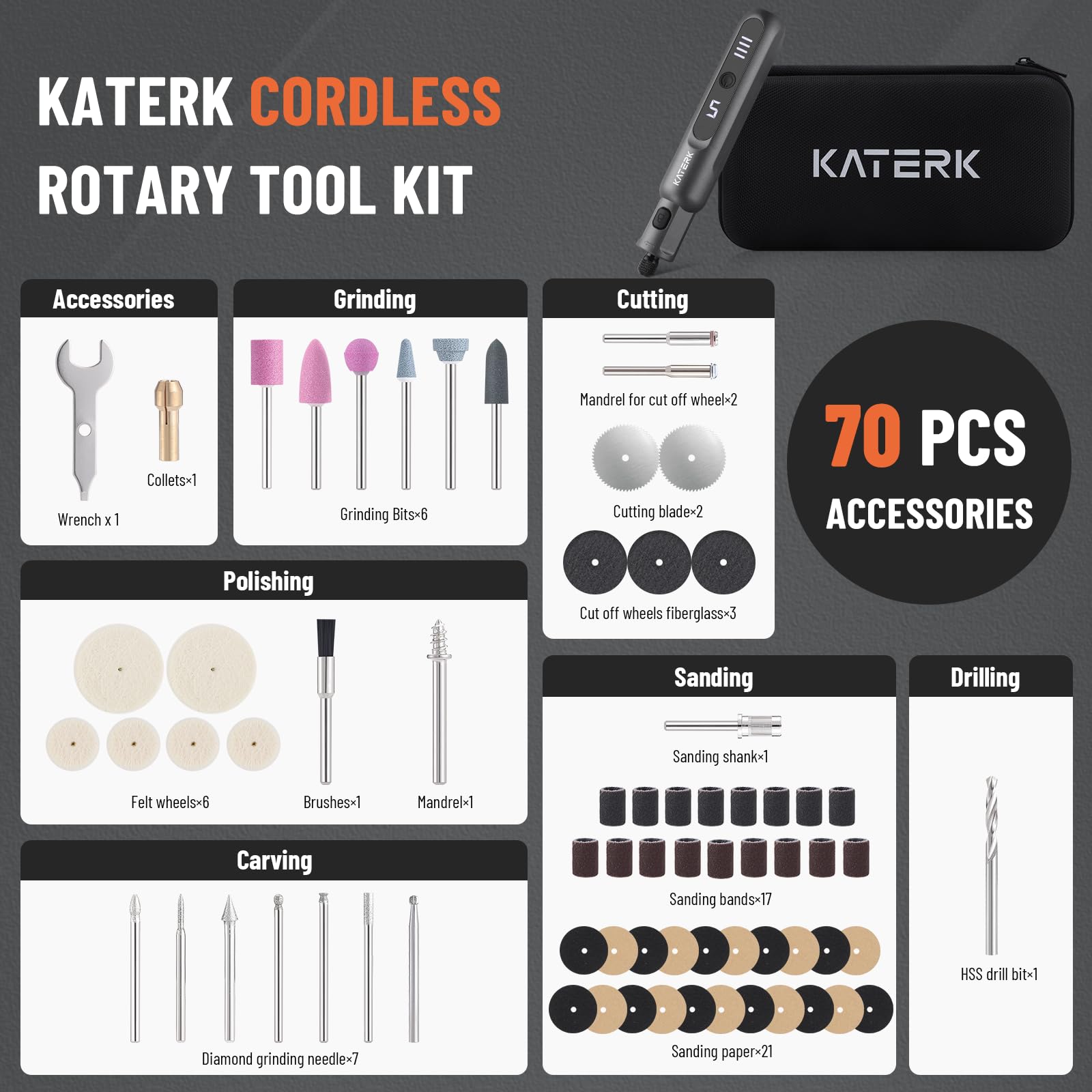 Diagram of Katerk 3.7V Cordless Rotary Tool components