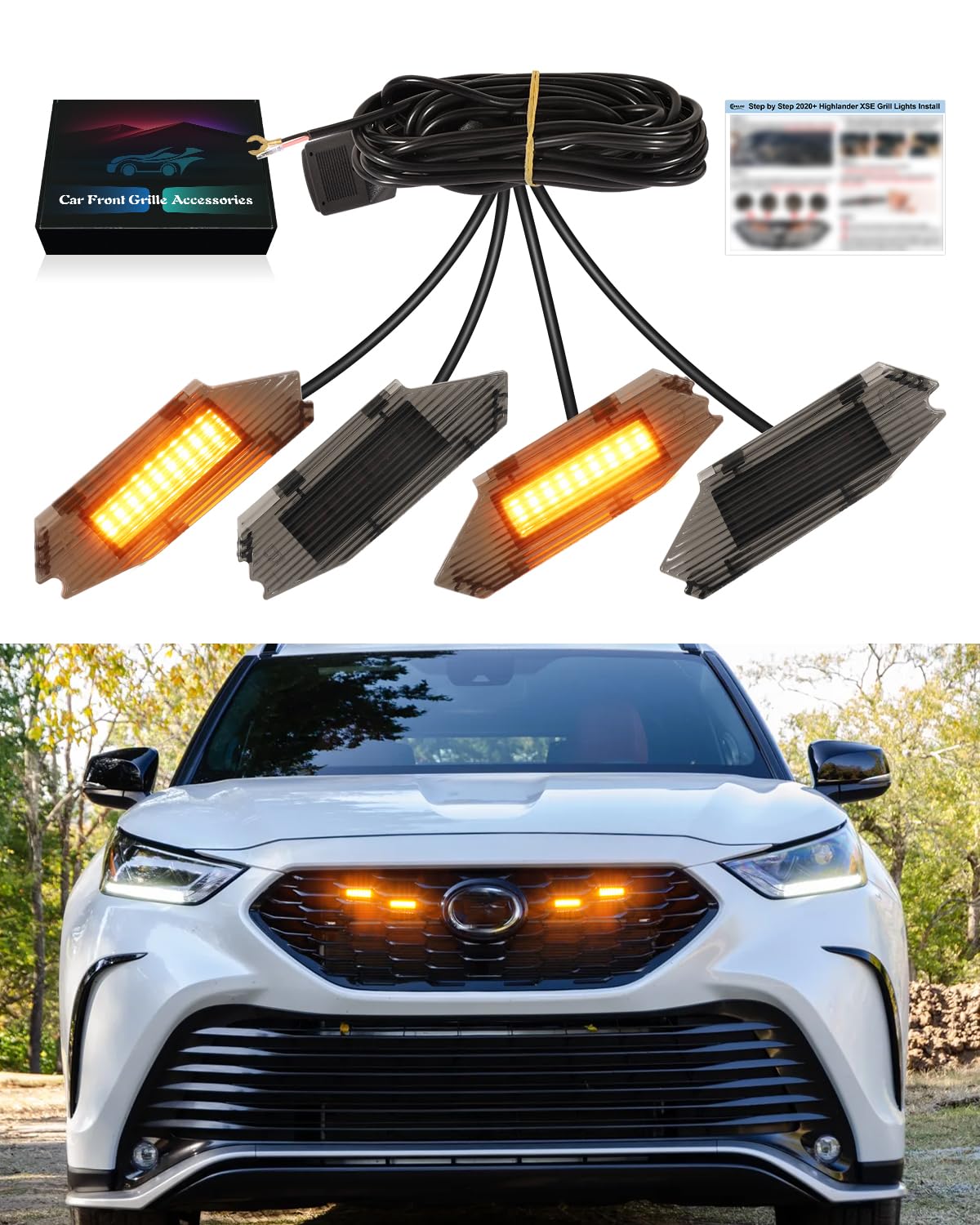 4Pcs White LED Grille Lights For Toyota RAV4 2019-2024 – Raptor Style, Smoke Lens, 6000K