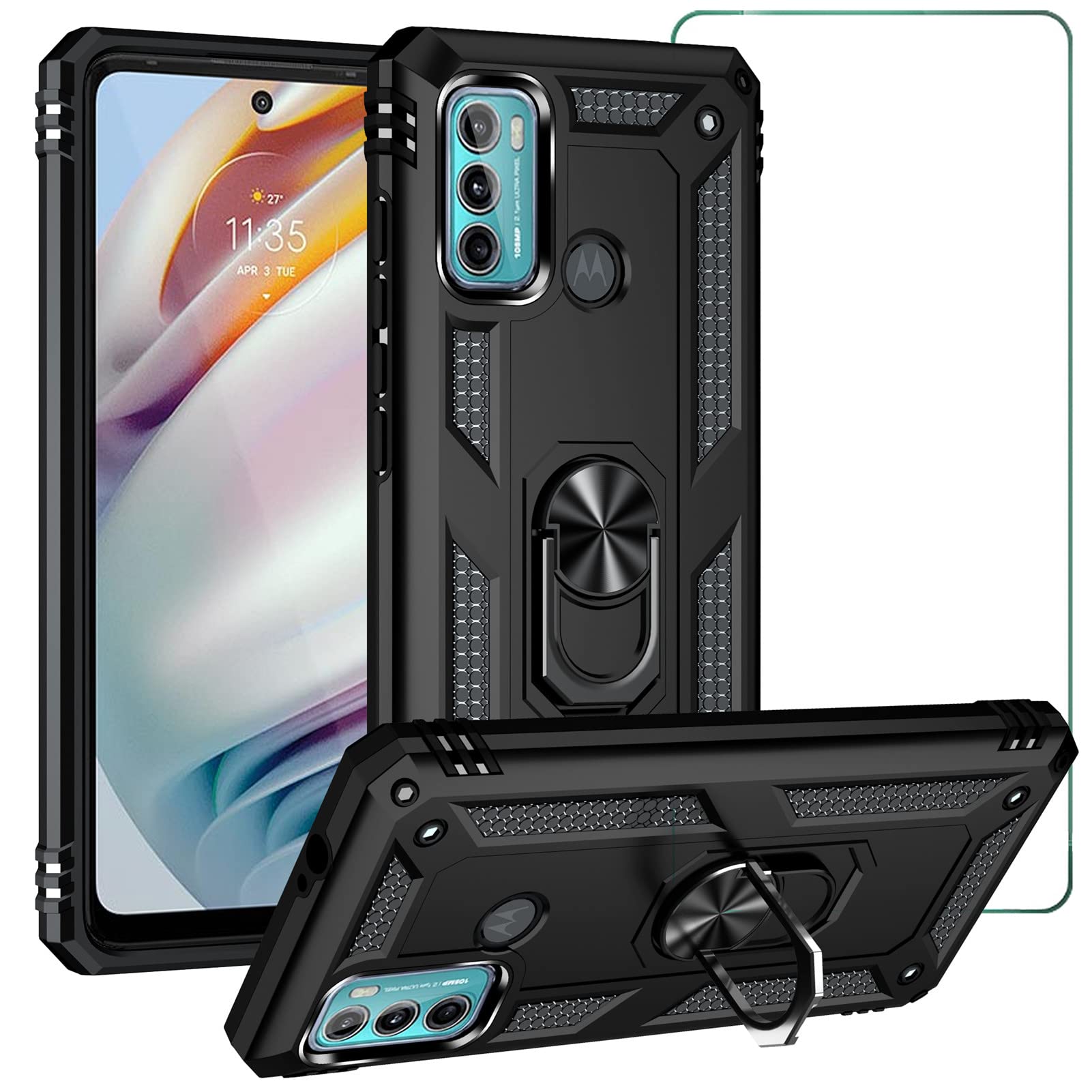 SHYXGLON for Motorola G60S Case, Moto G60S Case with Screen Protector Tempered Glass Hybrid Armor Silicone Shockproof Military Grade Ring Holder Kickstand Cover Hidden Bracket Tough Case (Black)