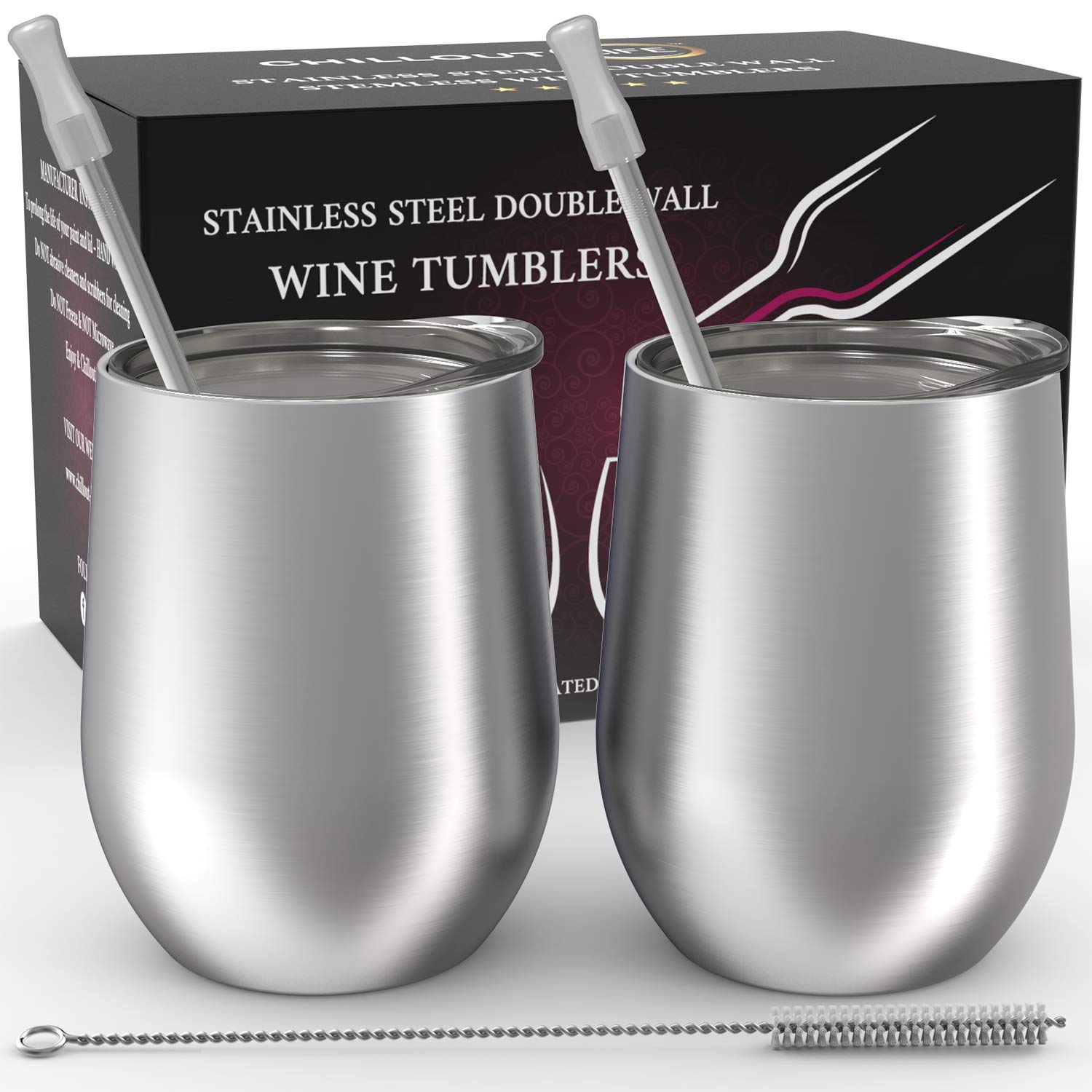 CHILLOUT LIFE Stainless Steel Wine Tumblers 2 Pack 12 oz - Double Wall Vacuum Insulated Wine Cups with Lids and Straws Set for Coffee, Wine, Cocktails (Stainless Steel) — image 1