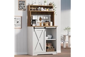 BestHaped Farmhouse Coffee Station with 3 Tier Storage Hutch & 6 Hooks - 56 Inch Small Coffee Bar Table with Adjustable Shelves for Living/Dining Room