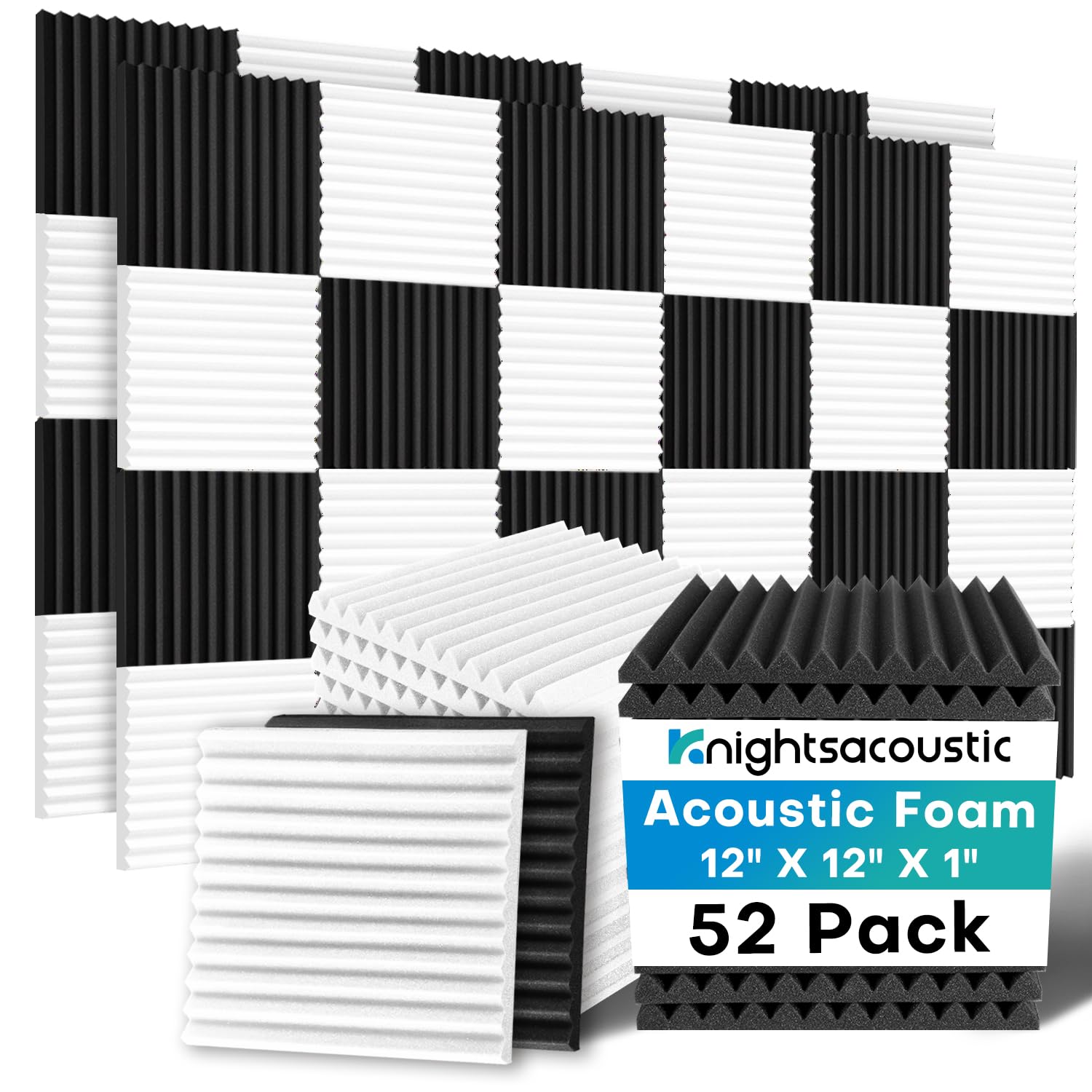 Photo 1 of 52 Pack Acoustic Foam Panels, 1 X 12 X 12 Inches Sound Proof Foam Panels for Walls, High Density Acoustic Panels Sound Absorbing, Black White Noise Cancelling Studio Wedges (NOT INCLUDE ADHESIVE)