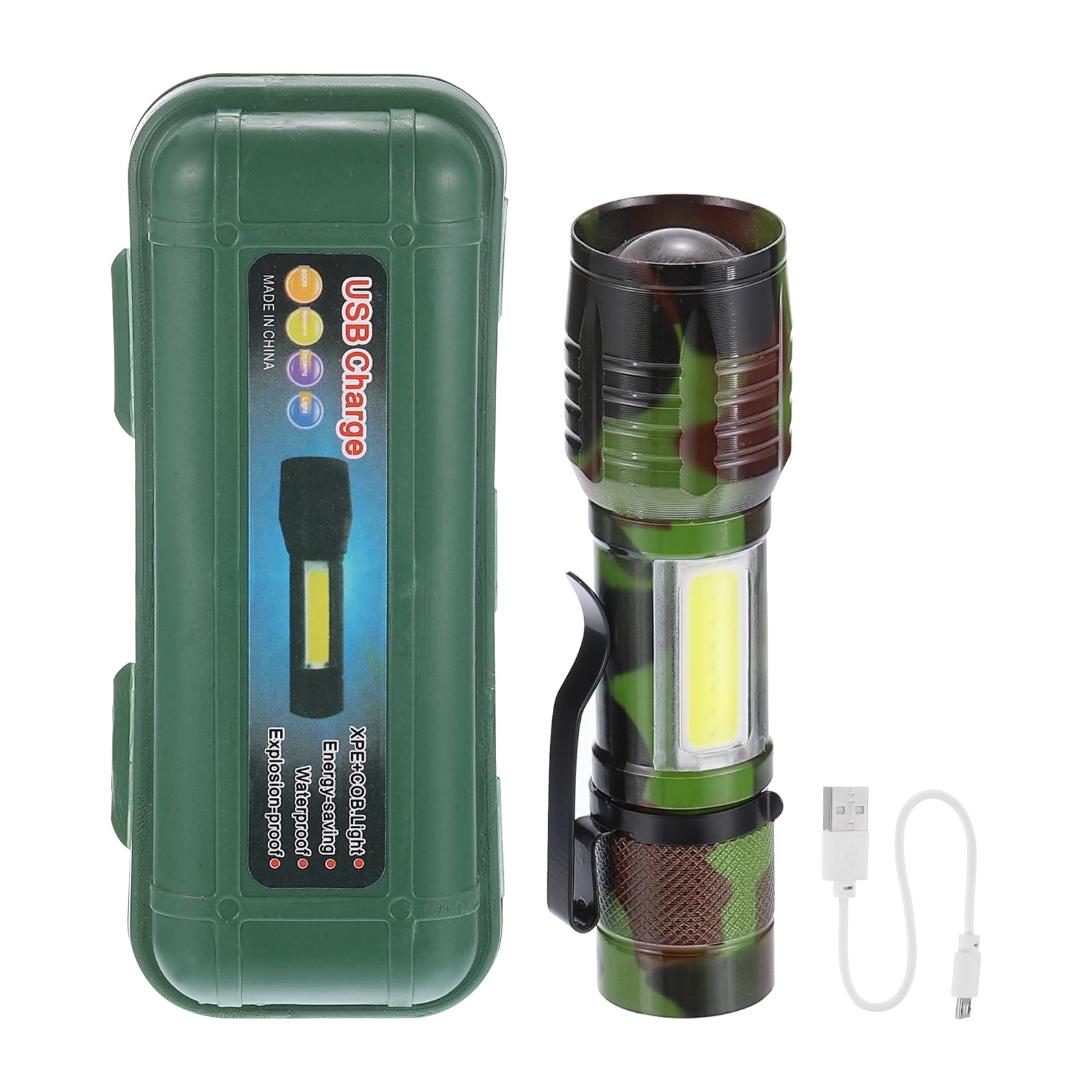 PATIKIL Scalable LED Flashlight, 2 Set 3 Mode High Lumens LED Flashlight Aluminum White Light Torch USB Rechargeable for Hiking Camping, Camouflage Green