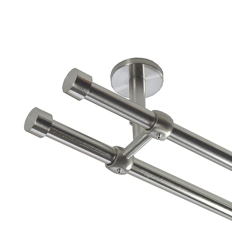 Gardinenstange Set Edelstahl Look Metall Ø 16mm Deckenbefestigung 2-läufig Kappe, Länge wählbar D21 E16 E16, Länge:160 cm
