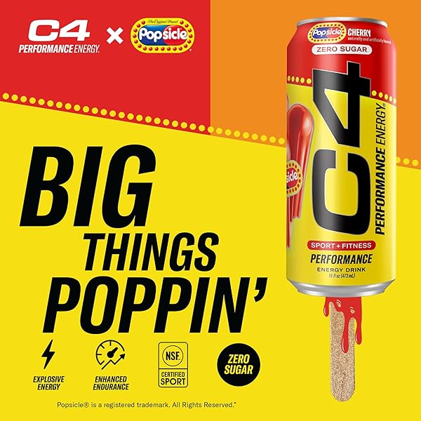 C4 ENERGY DRINK X POPSICLE VARIETY PACK, CARBONATED SUGAR FREE PRE WORKOUT PERFORMANCE DRINK WITH NO ARTIFICIAL COLORS OR DYES, 3 FLAVORS – GRAPE, HAWAIIAN PINEAPPLE, AND CHERRY, 16 OZ, PACK OF 12