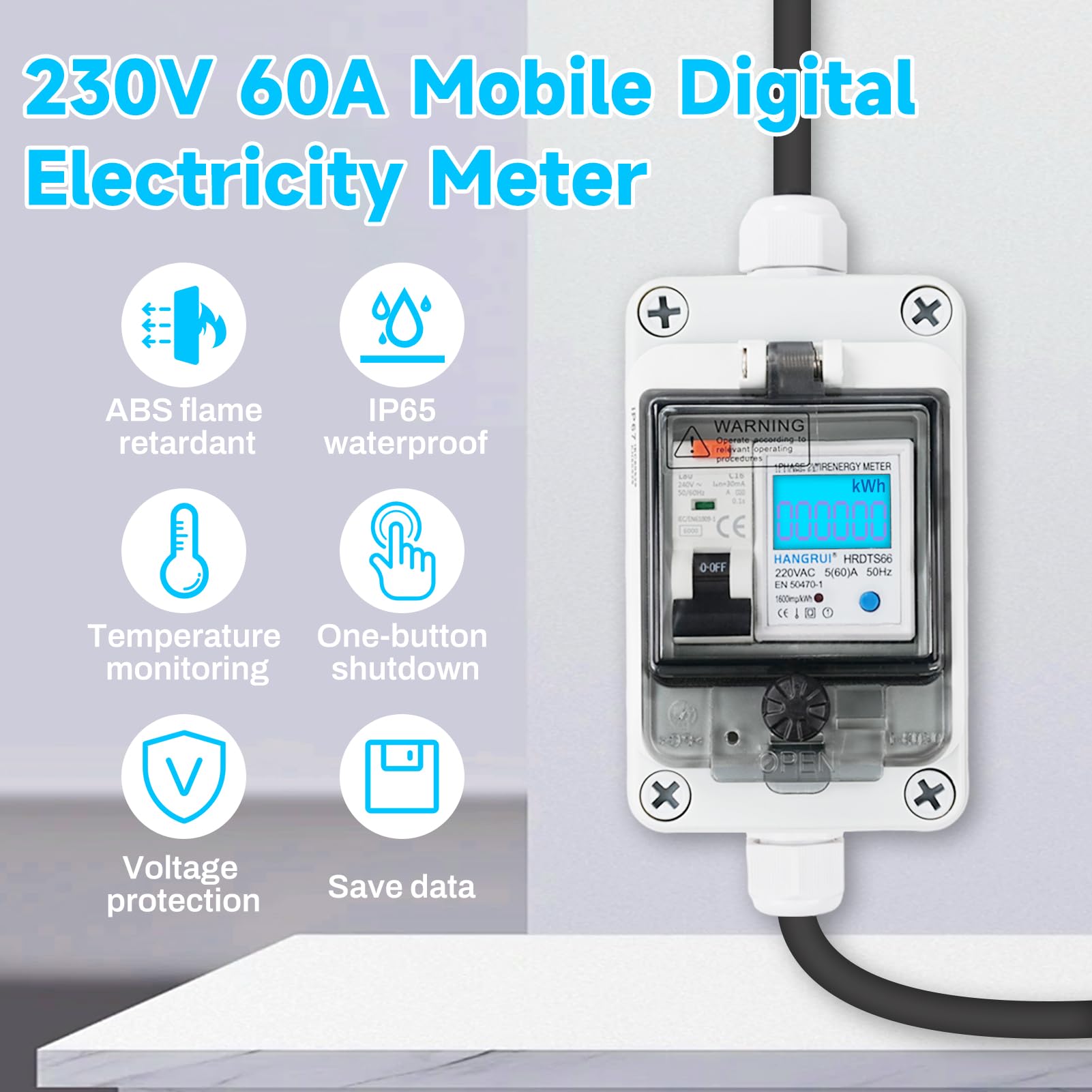 DewinLVD Mobiler Digitaler Stromzähler, Stromzähler für Steckdose Outdoor 16A Typ A Schutzschalter Eurostecker IP65 Wasserdich Messgerät 230V 60A für Industrieanlage Garten 2