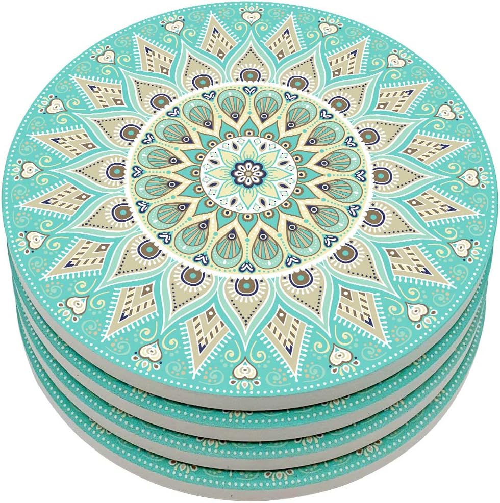 Kidac Coasters for Drinks Absorbent Ceramic Drink Coaster Set Decorative Coasters with Protective Cork Base - Floral Mandala Style (4 pack 4")