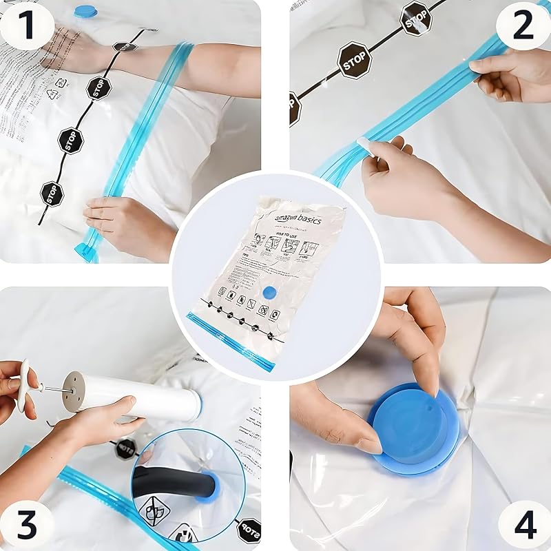 Vakuumkompressions-Aufbewahrungsbeutel mit Handpumpe, Reißverschluss, 6er-Pack (2 x Jumbogröße, 2 x Größe L, 2 x Größe M), Mehrere, Farblos, Transparent