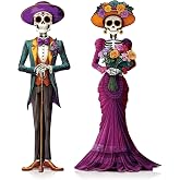 Wesiti 2 Pcs Day of the Dead Couple Sugar Skull Table Decor | Dia De Los Muertos Wooden Figurine Couple Skull Sign Decor for Halloween Home Office Desk Mantle Party Supplies