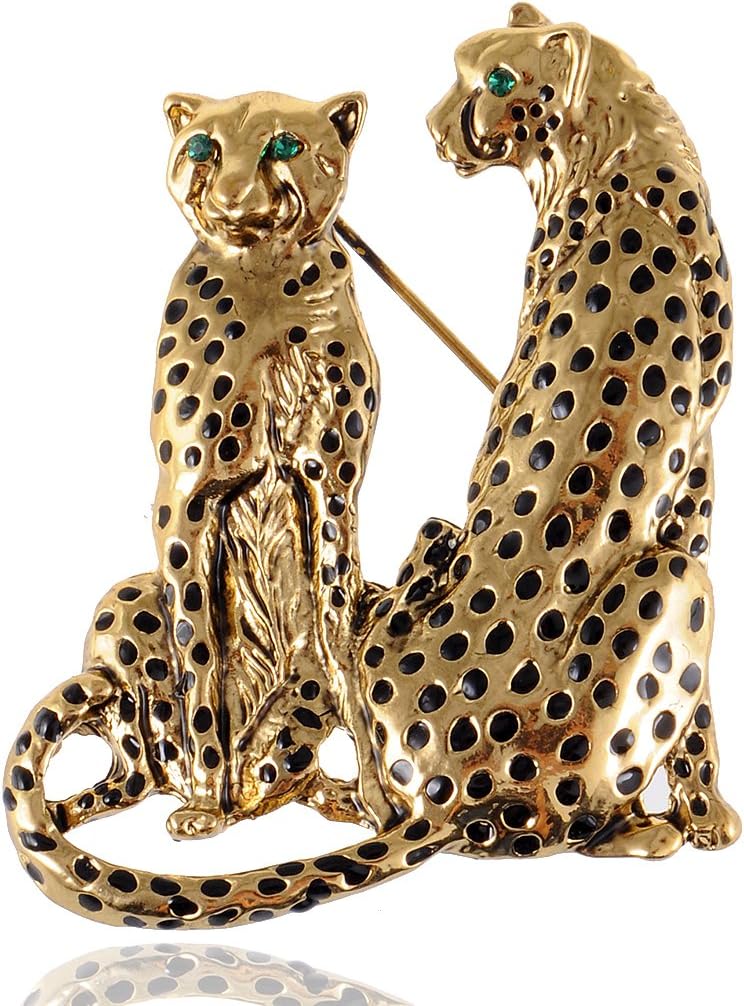 Alilang Golden Tone Tuquoise Blue Eyed Spotted Leopard Family Twin Lover Brooch Pin