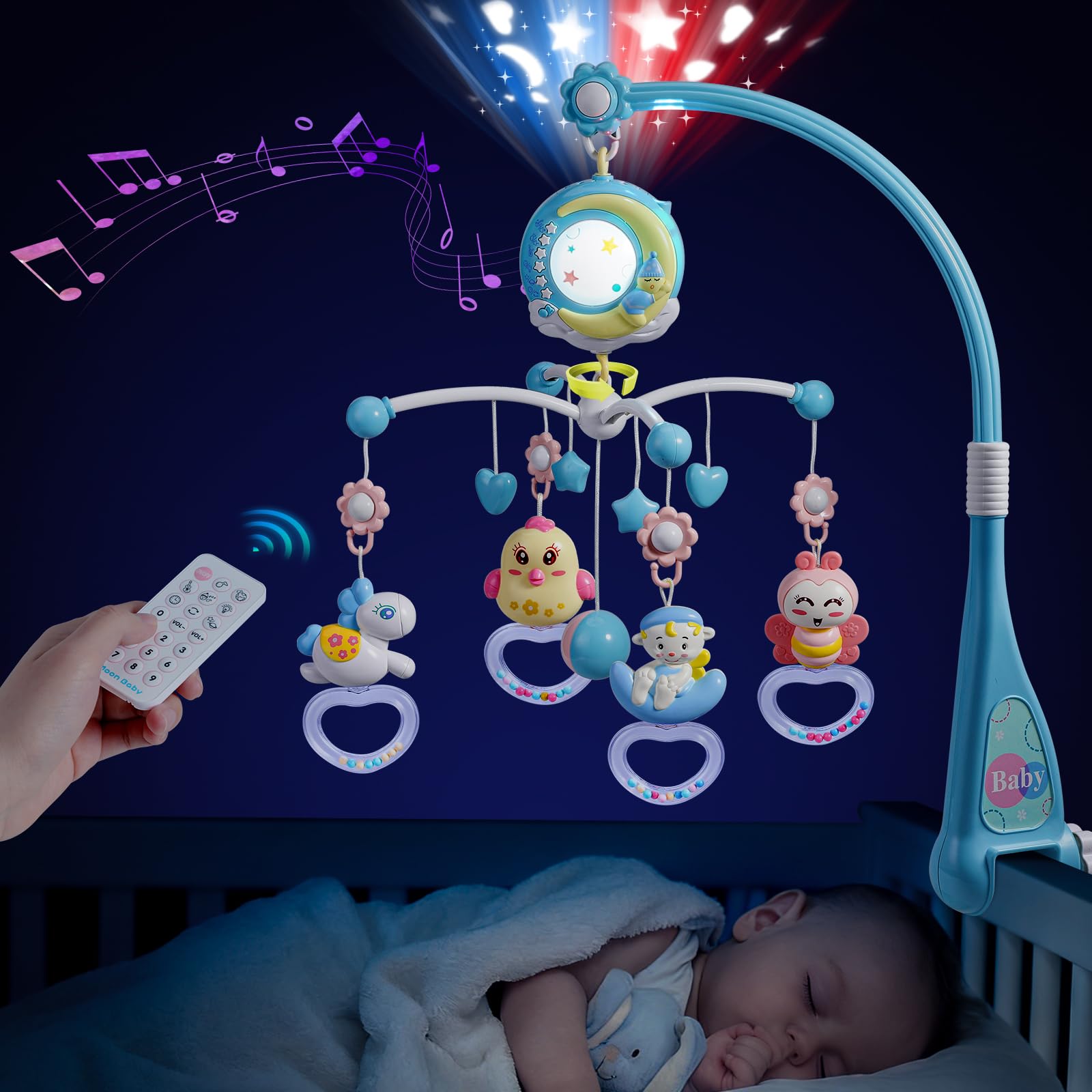 Mini Tudou Baby Musical Mobile Crib with Music and Lights, Timing Function, Projection, Take-Along Rattle and Music Box for Babies Boys Girls Toddlers