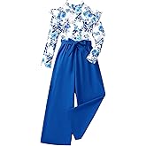 Asbabiy Girls Autumn Flower Print Long Sleeve Top Loose Wide Leg Casual Jumpsuit 7-13 Years