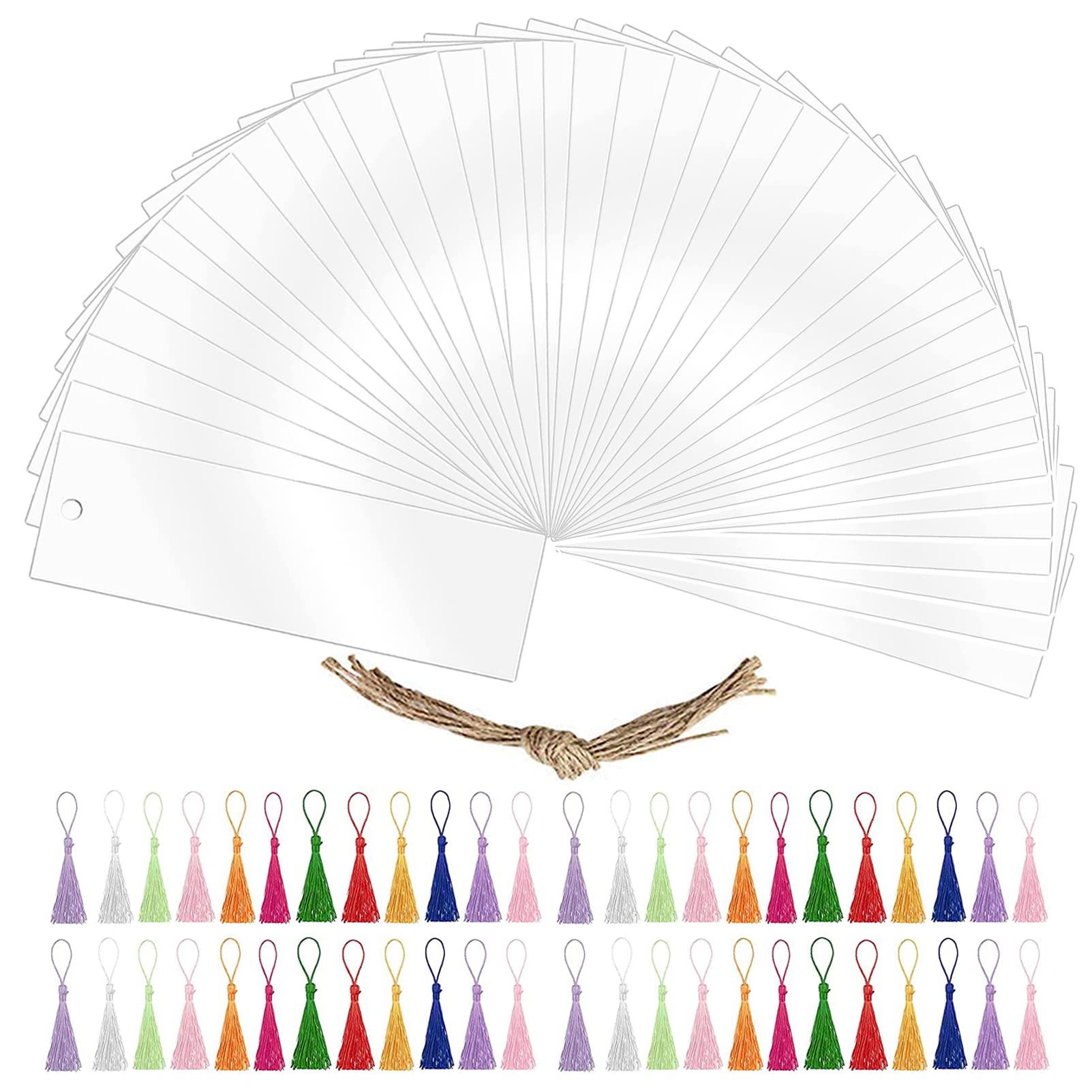 118pcs Acrylic Blank Bookmark Set, BetterJonny 40pcs Clear Craft Bookmark with 48pcs Tassels and 30 Ropes Rectangle Unfinished Book Marker Tags for DIY Classroom Projects and Present Tags
