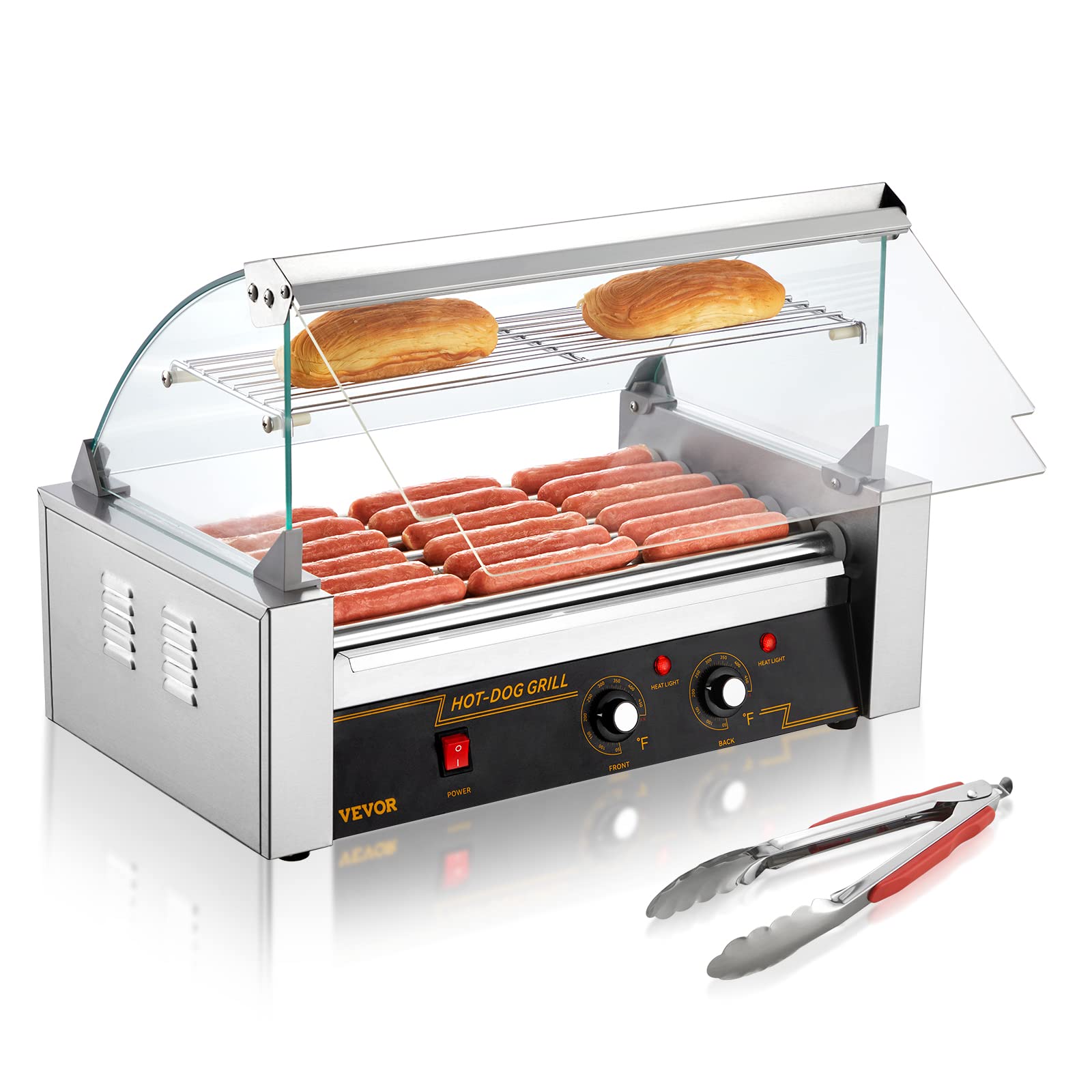Photo 1 of ***POWER BUTTON NON-FUNCTIONAL*** VEVOR Hot Dog Roller 7 Rollers 18 Hot Dogs Capacity 1050W Stainless Sausage Grill Cooker Machine with Dual Temp Control Glass Hood Acrylic Cover Bun Warmer Shelf Removable Oil Drip Tray, ETL Certified