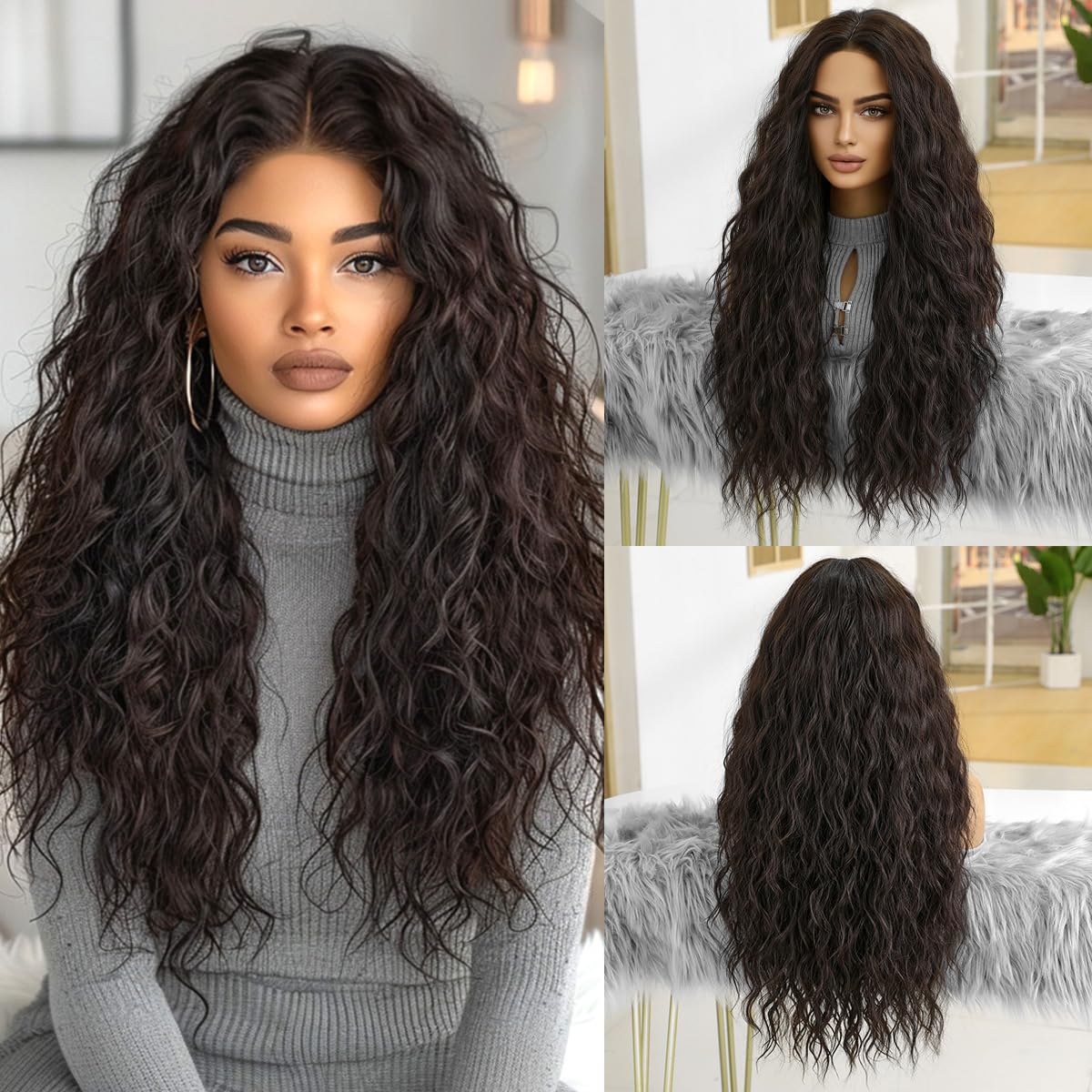 OUFEI Long Dark Brown Wig Wavy Wigs for Black Women Natural Synthetic Hair Heat Resistant Wigs for Daily Party Cosplay Wear