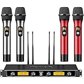 TONOR Wireless Microphones System, 4*10 Channel Metal Professional UHF Cordless Dynamic Handheld Mics with Receiver for Home Karaoke, Meeting, Party, Church, Wedding,KTV, 90 m/295ft, TW-840 Silver&Red