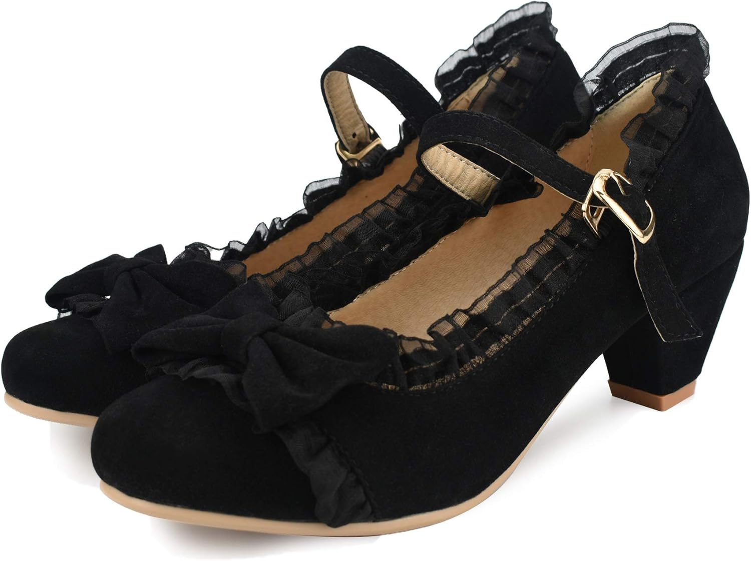  | 100FIXEO Woman's Low Heel Lolita Shoes Cute Lace Bow Mary Jane Pumps | Pumps