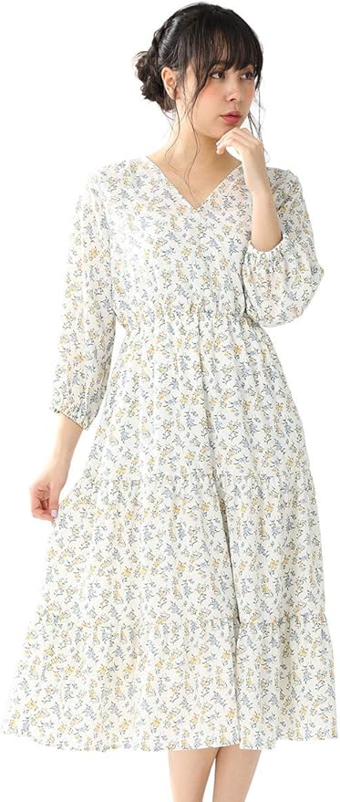 Amazon ワンピース ミディアム 8分袖 レディース 春 ティアード Honeys ハニーズ カシュクールワンピース オフ花柄 m ワンピース チュニック 通販