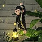 Rossesay Solar Light Outdoor Monkey Statues Black 7.48 Inch Resin Chimpanzee Baby Monkey Climbing on Vine with LED Lantern Waterproof Hanging Figurine with Hook for Yard Garden Wall