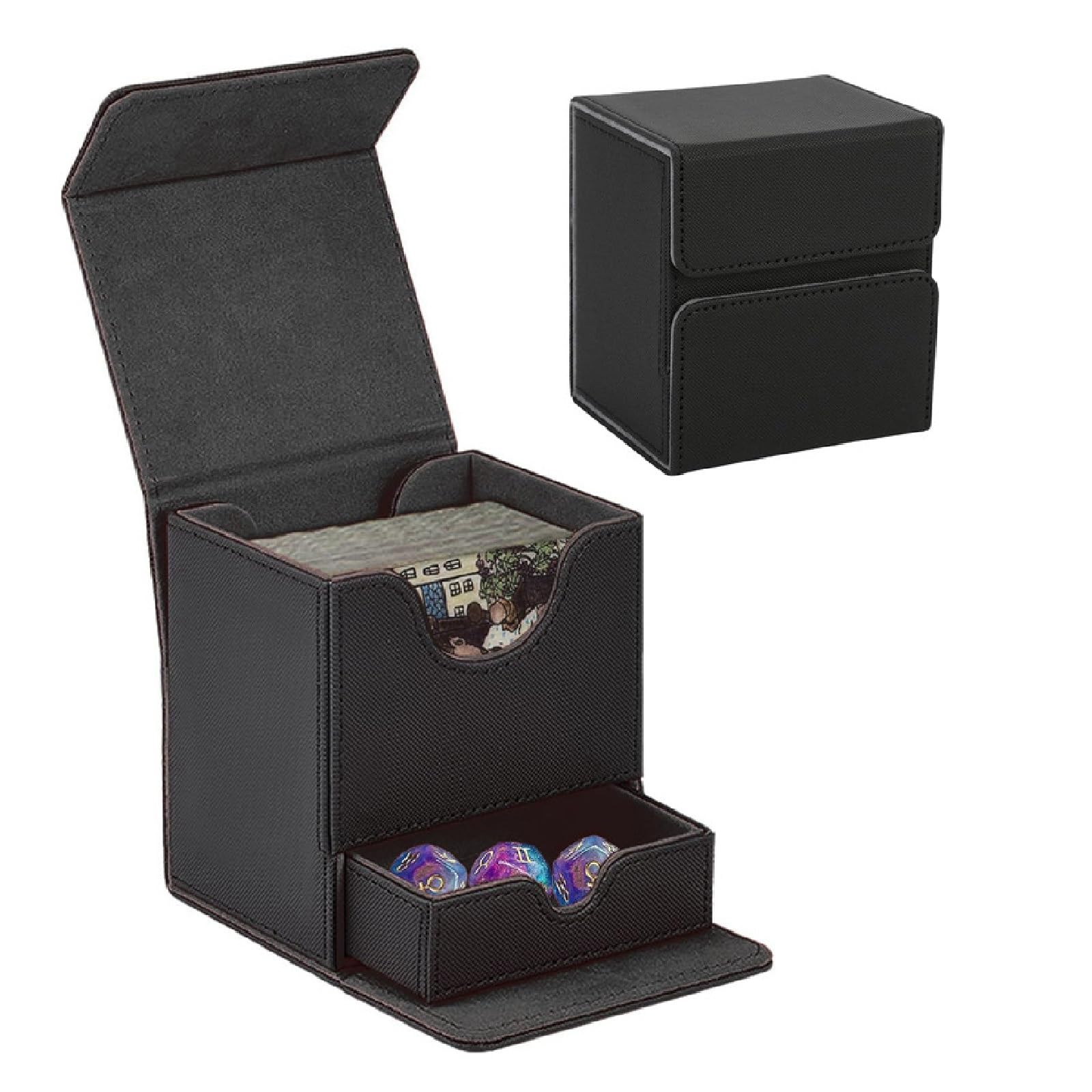 BSOMAM Magnetic Deck Box,Deck Box for MTG Cards with 2 Dividers Card Storage Box PU Leather Strong Magnet Card Deck Case for CCG TCG,Large Size Holds up to 100 Cards (black)