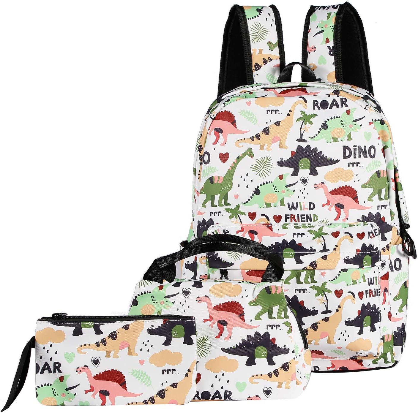 ABage School Bag 3 backpack Set Cute Lunch Bag Pattern Bookbag with Pencil Case for Girls and Boys, White Dinosaur
