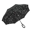 Ylovetoys Grey Star Inverted Umbrella Double Layer Folding UV Proof and Wind-Proof Inverted Umbrella with 'C' Shaped Hand for Car Outdoor, Black Star