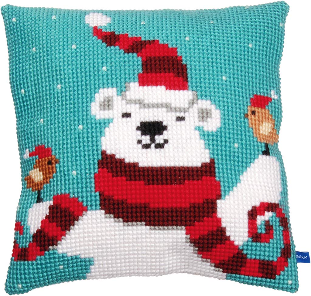 Vervaco Cross Stitch Cushion Happy Christmas Bear, Cotton Blend, Assorted, 26 x 1 x 7.5 cm