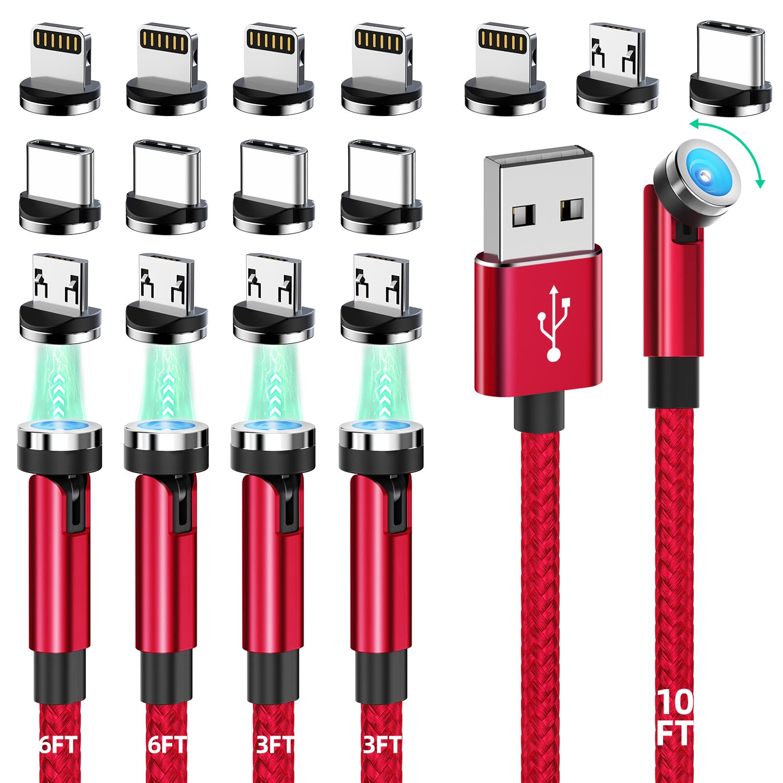 HanCenDa Magnetic Charging Cable, 360° and 180° Rotation, 5-in-1 Magnetic Phone Charging Cable, 3 Pack [0.9m/1.8m/3m] 3A Fast Charging Cable Support, Red