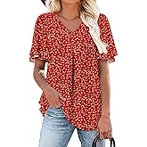 onlypuff Summer Top for Women V Neck Short Sleeve Shirts Pleated Blouse Tunic Tops to Wear with Leggings Hide Belly