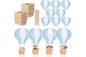 Meooeck 8 Sets Hot Air Balloon Table Centerpieces 11.8'' Paper Lanterns Woven Baskets with Sticks for DIY Hot Air Balloon Centerpiece Decor for Gender Reveal Birthday Baby Shower Wedding(Blue)